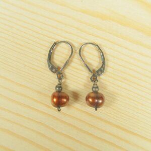 Vintage Sterling Silver Chocolate Pearl Drop Hoop Earrings